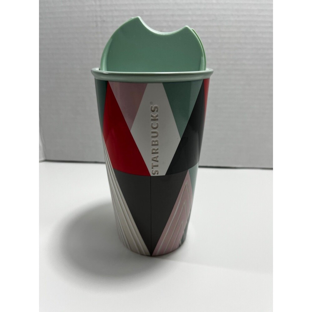 Starbucks Holiday Traveler Mug Geometric Tree Green Lid 12oz Tumbler Cup 2017